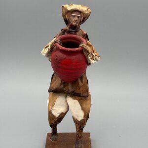 Vintage Mexican Paper Mache Man Carrying Red Clay Pot, 12 Inch Folk Art Statue